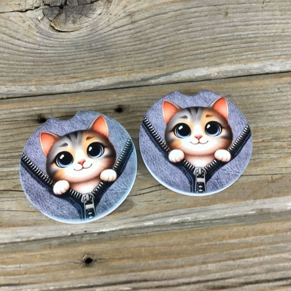 Cat Peek-a-Boo Zipper Car Coasters Set of 2 - Picture 2 of 7